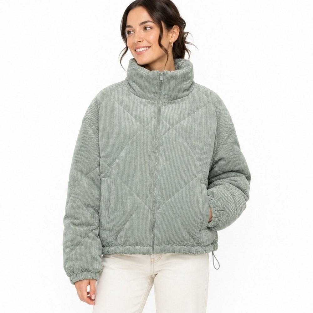 Love Tree Corduroy Puffer Jacket Womens Sage Green Quilted Cropped Coat | M